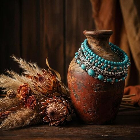 5 Pcs Turquoise Stackable Bracelets for Women Set, Boho Beaded Strand Jewelry Set, Vintage Western Style Accessories for Concert in Saudi Arabia