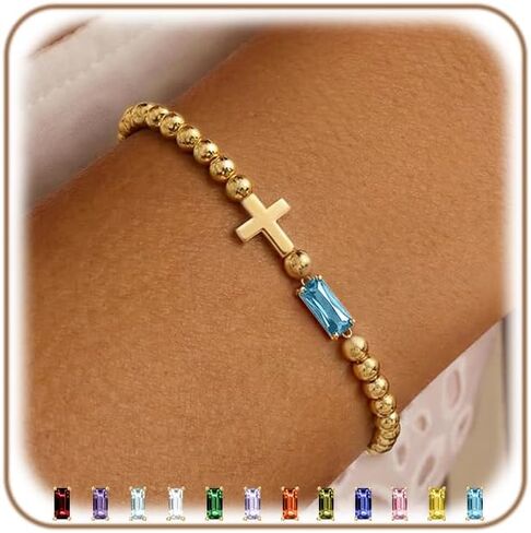 Gold Birthstone Bracelets for Women Dainty Cross Stretch Beaded Bracelet Stack Non Tarnish 18k Gold Plated Cute CZ Elastic Stackable Friendship Bracelets Birthday Jewelry Gift for Women Best Friend in Kuwait