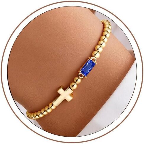 Turandoss Cross Birthstone Bracelets for Women Girls - Dainty 14K Gold Plated 12 Month Cross Birthstone Beaded Strech Bracelet Jewelry Birthday Faith Gifts for Women in Kuwait