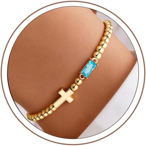 Turandoss Cross Birthstone Bracelets for Women Girls - Dainty 14K Gold Plated 12 Month Cross Birthstone Beaded Strech Bracelet Jewelry Birthday Faith Gifts for Women in Kuwait
