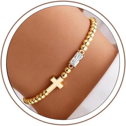 Turandoss Cross Birthstone Bracelets for Women Girls - Dainty 14K Gold Plated 12 Month Cross Birthstone Beaded Strech Bracelet Jewelry Birthday Faith Gifts for Women in Kuwait