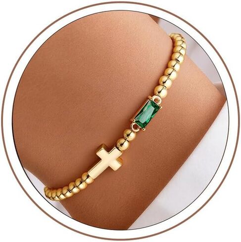 Turandoss Cross Birthstone Bracelets for Women Girls - Dainty 14K Gold Plated 12 Month Cross Birthstone Beaded Strech Bracelet Jewelry Birthday Faith Gifts for Women in Kuwait