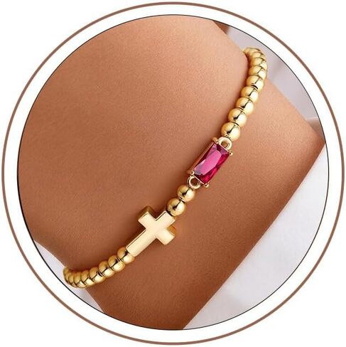 Turandoss Cross Birthstone Bracelets for Women Girls - Dainty 14K Gold Plated 12 Month Cross Birthstone Beaded Strech Bracelet Jewelry Birthday Faith Gifts for Women in Kuwait