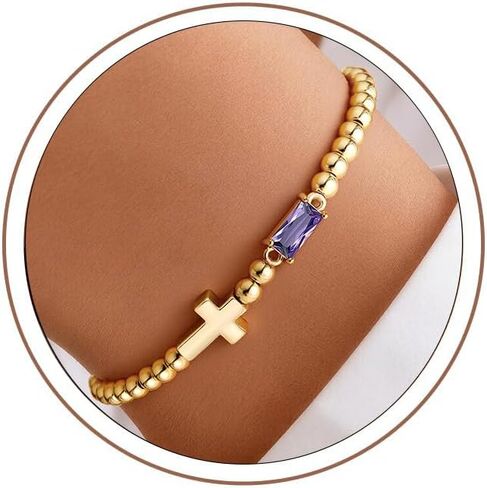Turandoss Cross Birthstone Bracelets for Women Girls - Dainty 14K Gold Plated 12 Month Cross Birthstone Beaded Strech Bracelet Jewelry Birthday Faith Gifts for Women in Kuwait