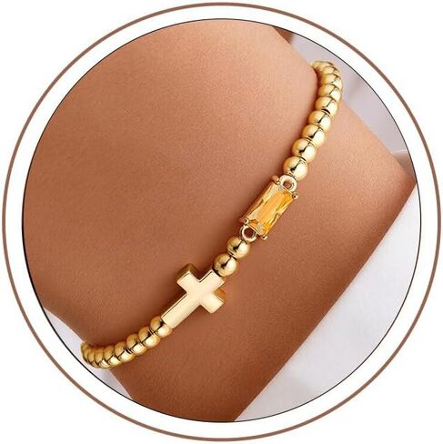 Turandoss Cross Birthstone Bracelets for Women Girls - Dainty 14K Gold Plated 12 Month Cross Birthstone Beaded Strech Bracelet Jewelry Birthday Faith Gifts for Women in Kuwait