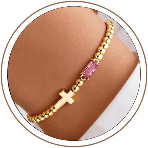 Turandoss Cross Birthstone Bracelets for Women Girls - Dainty 14K Gold Plated 12 Month Cross Birthstone Beaded Strech Bracelet Jewelry Birthday Faith Gifts for Women in Kuwait