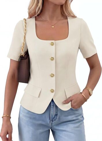 Women's Summer Short Sleeve Blazer Square Neck Button Down Office Work Blazer with Pockets Dressy Casual Jacket in Kuwait