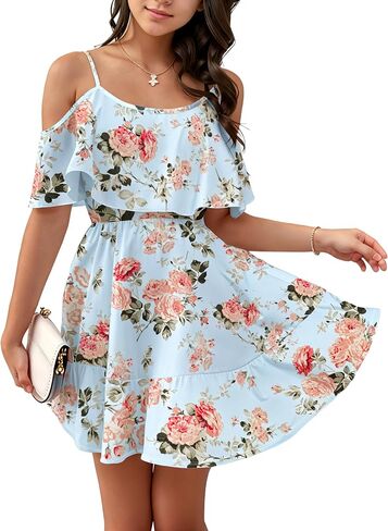 Girl's Summer Boho Floral Cold Shoulder Sundress Casual Ruffle A Line Holiday Dress 10-14 Years in Saudi Arabia