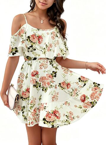 Girl's Summer Boho Floral Cold Shoulder Sundress Casual Ruffle A Line Holiday Dress 10-14 Years in Saudi Arabia