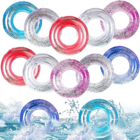 Junkin 12 Pack Inflatable Pool Float Tube 31.5 Inch Glitter Swim Tubes Rings Confetti Water Tube Colorful Swimming Pool Floats Toys for Girls Boys Adults Outdoor Summer Beach Supplies in Kuwait