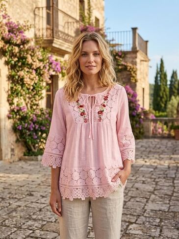 Women's Boho Floral Embroidered Tops, V Neck Tie Front Peasant Blouse, 3/4 Bell Sleeve Lace Trim Loose Fit Tunic Shirts in Kuwait
