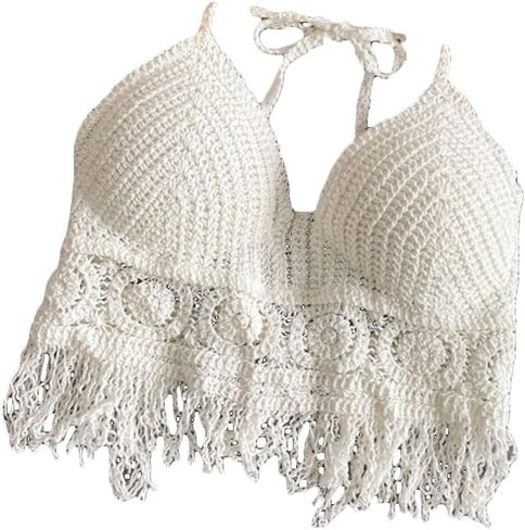Sweet Sexy Camisole Tassel Summer Beach Hollow Out Knitted Bra Short Tank Top Women Underwear Halter Top(#1-White) in Kuwait
