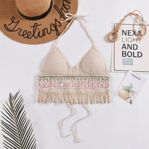 Sweet Sexy Camisole Tassel Summer Beach Hollow Out Knitted Bra Short Tank Top Women Underwear Halter Top(#1-White) in Kuwait