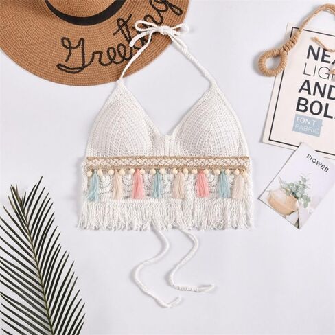 Sweet Sexy Camisole Tassel Summer Beach Hollow Out Knitted Bra Short Tank Top Women Underwear Halter Top(#1-White) in Kuwait
