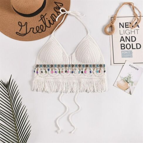 Sweet Sexy Camisole Tassel Summer Beach Hollow Out Knitted Bra Short Tank Top Women Underwear Halter Top(#1-White) in Kuwait