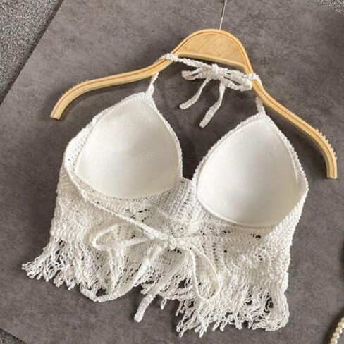 Sweet Sexy Camisole Tassel Summer Beach Hollow Out Knitted Bra Short Tank Top Women Underwear Halter Top(#1-White) in Kuwait