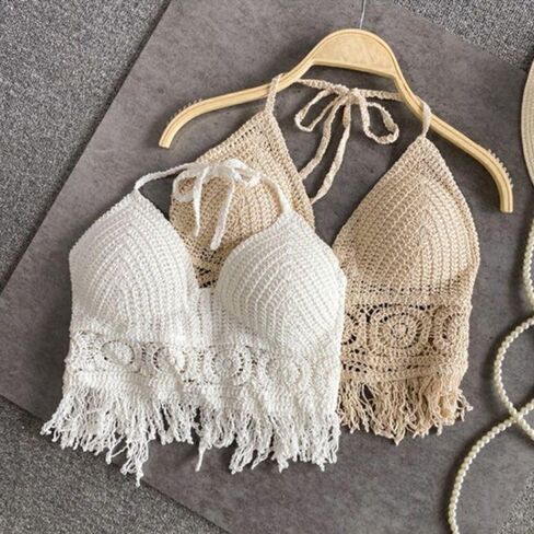 Sweet Sexy Camisole Tassel Summer Beach Hollow Out Knitted Bra Short Tank Top Women Underwear Halter Top(#1-White) in Kuwait