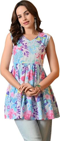 Peplum Cotton Tops for Woman, Stylish Sleeveless Short Kurti for Women on Jeans, Modern Design Top in Saudi Arabia