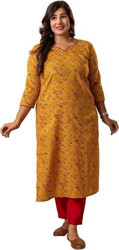 Women’s Pure Cotton Yellow Leaf Print Straight Kurti – Ethnic Round Neck Tunic Top for Casual & Daily Wear in Saudi Arabia