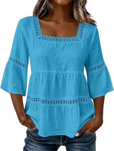 Linen Shirts for Women Cotton 3/4 Sleeve Lace Trim Peplum Tops Square Neck Trendy Casual Flowy Tunic Blouse in Saudi Arabia