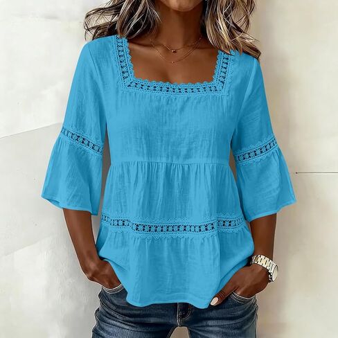 Linen Shirts for Women Cotton 3/4 Sleeve Lace Trim Peplum Tops Square Neck Trendy Casual Flowy Tunic Blouse in Saudi Arabia