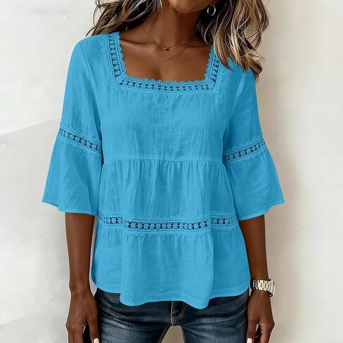 Linen Shirts for Women Cotton 3/4 Sleeve Lace Trim Peplum Tops Square Neck Trendy Casual Flowy Tunic Blouse in Saudi Arabia
