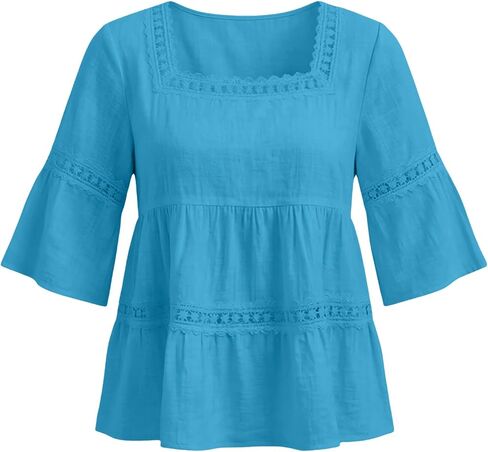 Linen Shirts for Women Cotton 3/4 Sleeve Lace Trim Peplum Tops Square Neck Trendy Casual Flowy Tunic Blouse in Saudi Arabia