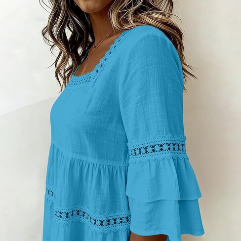 Linen Shirts for Women Cotton 3/4 Sleeve Lace Trim Peplum Tops Square Neck Trendy Casual Flowy Tunic Blouse in Saudi Arabia