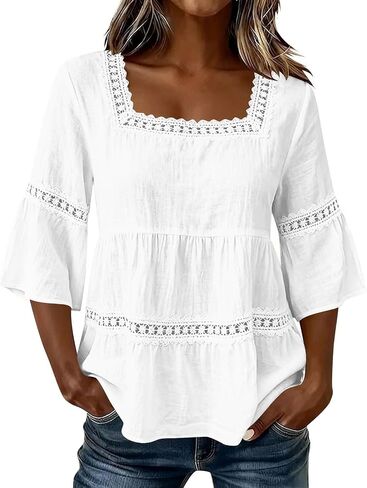 Linen Shirts for Women Cotton 3/4 Sleeve Lace Trim Peplum Tops Square Neck Trendy Casual Flowy Tunic Blouse in Saudi Arabia