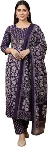 Women’s Printed Kurti Set with Dupatta | Ethnic Indian Salwar Suit | 3/4 Sleeve Floral Kurta with Pants | Traditional Wear in Kuwait