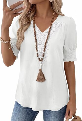 Falechay Womens Summer Tops Short Sleeve Shirts V Neck Lace Casual Loose Fit Blouses Boho Flowy Clothing Trendy 2026 in Kuwait