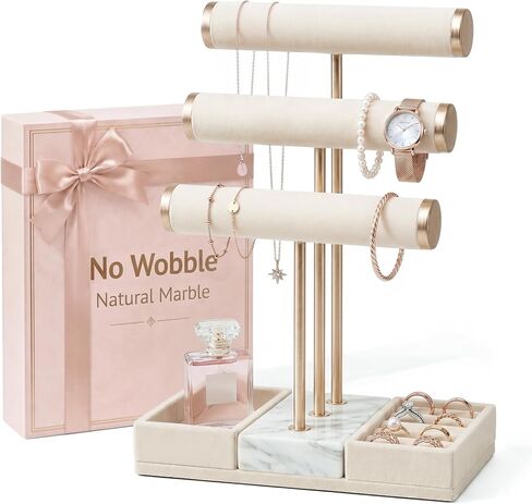 KES Natural Marble Bracelet Holder with Weighted Marble Base, 3 Tier Extra Stable Jewelry Holder Stand for Necklaces, Watches & Bracelet Display, T Bar Jewelry Organizer, Beige, JTR501-WH in Saudi Arabia