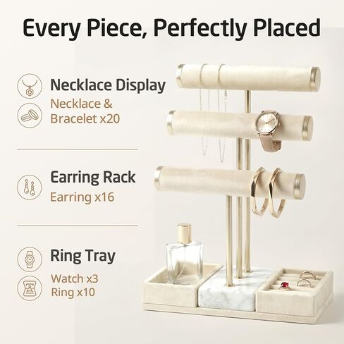 KES Natural Marble Bracelet Holder with Weighted Marble Base, 3 Tier Extra Stable Jewelry Holder Stand for Necklaces, Watches & Bracelet Display, T Bar Jewelry Organizer, Beige, JTR501-WH in Saudi Arabia