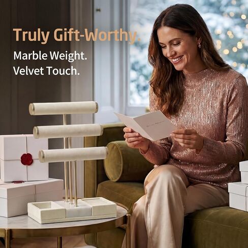 KES Natural Marble Bracelet Holder with Weighted Marble Base, 3 Tier Extra Stable Jewelry Holder Stand for Necklaces, Watches & Bracelet Display, T Bar Jewelry Organizer, Beige, JTR501-WH in Saudi Arabia