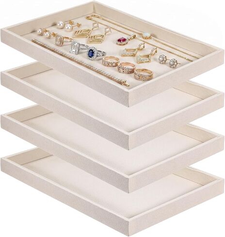 4 Pcs 13.8" L x 9.4" W Jewelry Display Trays Velvet Stackable Jewelry Tray Showcase Displays, Beige Velvet Blank Tray Holder, Necklace Bracelet Ring Showcase Display Empty Plate in Kuwait
