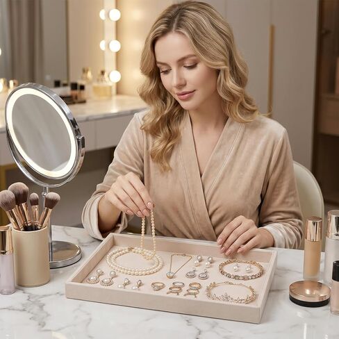4 Pcs 13.8" L x 9.4" W Jewelry Display Trays Velvet Stackable Jewelry Tray Showcase Displays, Beige Velvet Blank Tray Holder, Necklace Bracelet Ring Showcase Display Empty Plate in Kuwait