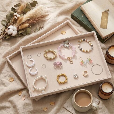 4 Pcs 13.8" L x 9.4" W Jewelry Display Trays Velvet Stackable Jewelry Tray Showcase Displays, Beige Velvet Blank Tray Holder, Necklace Bracelet Ring Showcase Display Empty Plate in Kuwait