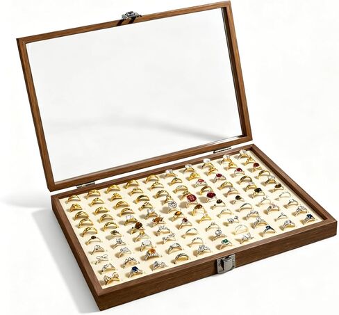 100-Slot Ring Organizer Box, Wooden Jewelry Display Case with Clear Lid, Walnut-Grain Finish & Ivory Velvet Interior, Elegant Ring Storage Holder for Dresser, Vanity, Boutique Display in Kuwait