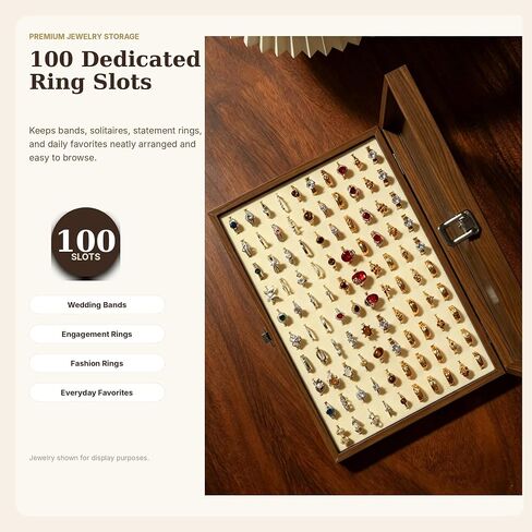100-Slot Ring Organizer Box, Wooden Jewelry Display Case with Clear Lid, Walnut-Grain Finish & Ivory Velvet Interior, Elegant Ring Storage Holder for Dresser, Vanity, Boutique Display in Kuwait