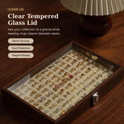 100-Slot Ring Organizer Box, Wooden Jewelry Display Case with Clear Lid, Walnut-Grain Finish & Ivory Velvet Interior, Elegant Ring Storage Holder for Dresser, Vanity, Boutique Display in Kuwait