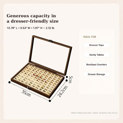 100-Slot Ring Organizer Box, Wooden Jewelry Display Case with Clear Lid, Walnut-Grain Finish & Ivory Velvet Interior, Elegant Ring Storage Holder for Dresser, Vanity, Boutique Display in Kuwait
