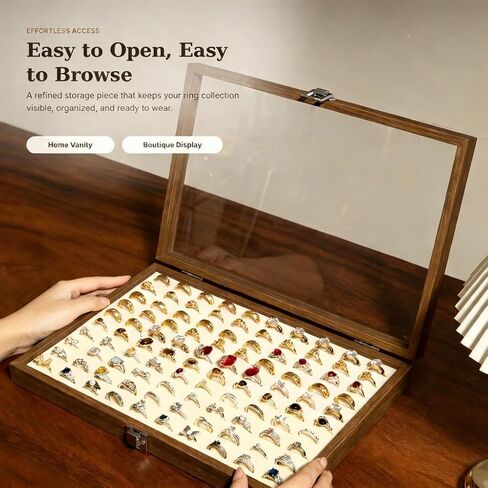 100-Slot Ring Organizer Box, Wooden Jewelry Display Case with Clear Lid, Walnut-Grain Finish & Ivory Velvet Interior, Elegant Ring Storage Holder for Dresser, Vanity, Boutique Display in Kuwait