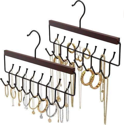 Wooden Jewelry Hanger 2-Pack, Hanging Jewelry Organizer with 16 Hooks, Tangle-Free Display for Necklace, Bracelet, Ring, Bangles, Perfect for Bathroom, Closet Door in Saudi Arabia