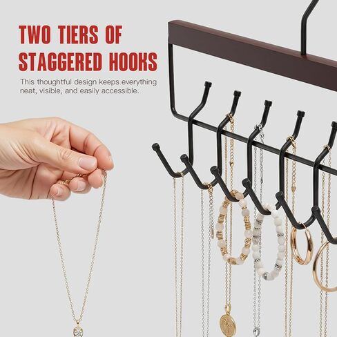 Wooden Jewelry Hanger 2-Pack, Hanging Jewelry Organizer with 16 Hooks, Tangle-Free Display for Necklace, Bracelet, Ring, Bangles, Perfect for Bathroom, Closet Door in Saudi Arabia
