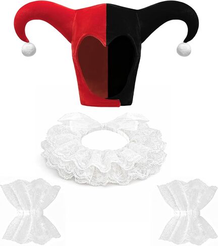 4PCS Clown Costume Accessories Set, Jester Hat Lace Ruffle Collar Wrist Cuffs for Halloween Cosplay Party in Saudi Arabia