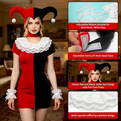 4PCS Clown Costume Accessories Set, Jester Hat Lace Ruffle Collar Wrist Cuffs for Halloween Cosplay Party in Saudi Arabia