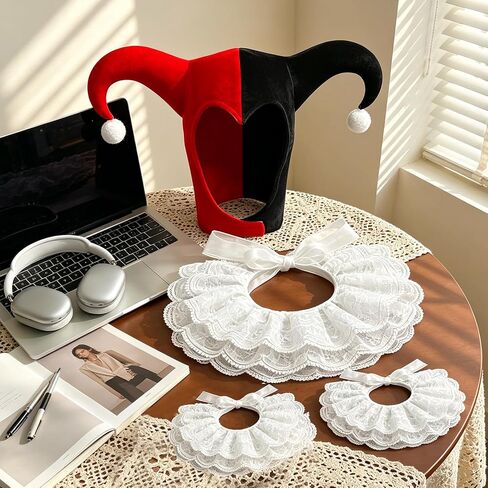 4PCS Clown Costume Accessories Set, Jester Hat Lace Ruffle Collar Wrist Cuffs for Halloween Cosplay Party in Saudi Arabia