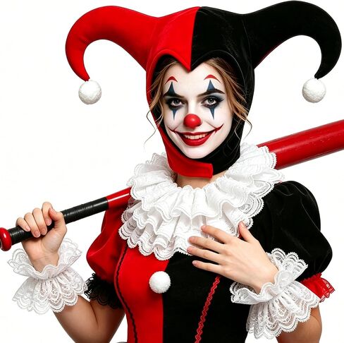4PCS Clown Costume Accessories Set, Jester Hat Lace Ruffle Collar Wrist Cuffs for Halloween Cosplay Party in Saudi Arabia