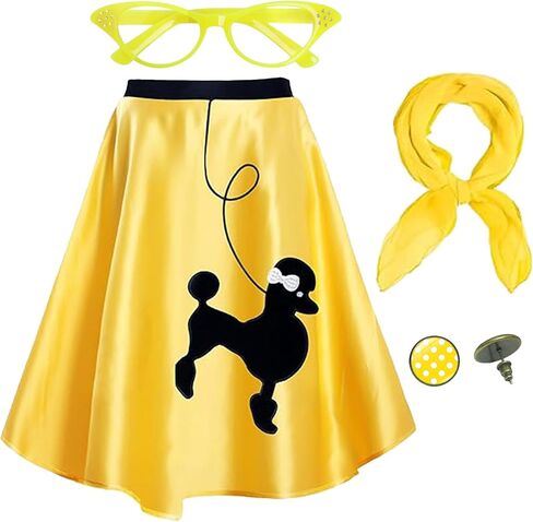 Zwirelz 1950s Poodle Skirt Costume Outfit for Women 4 Pcs 50s Vintage High Waist Swing A-Line Skirt Scarf Eyeglasses Earrings in Saudi Arabia