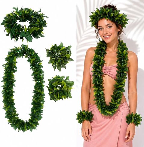 Housoutil Hawaiian Green Leaf Leis Set, Green Hawaiian Party Garland, Tropical Hula Dance Accessories, Artificial Foliage Necklace Headband Wristbands, Summer Beach Jungle Hula Costume for Party in Kuwait